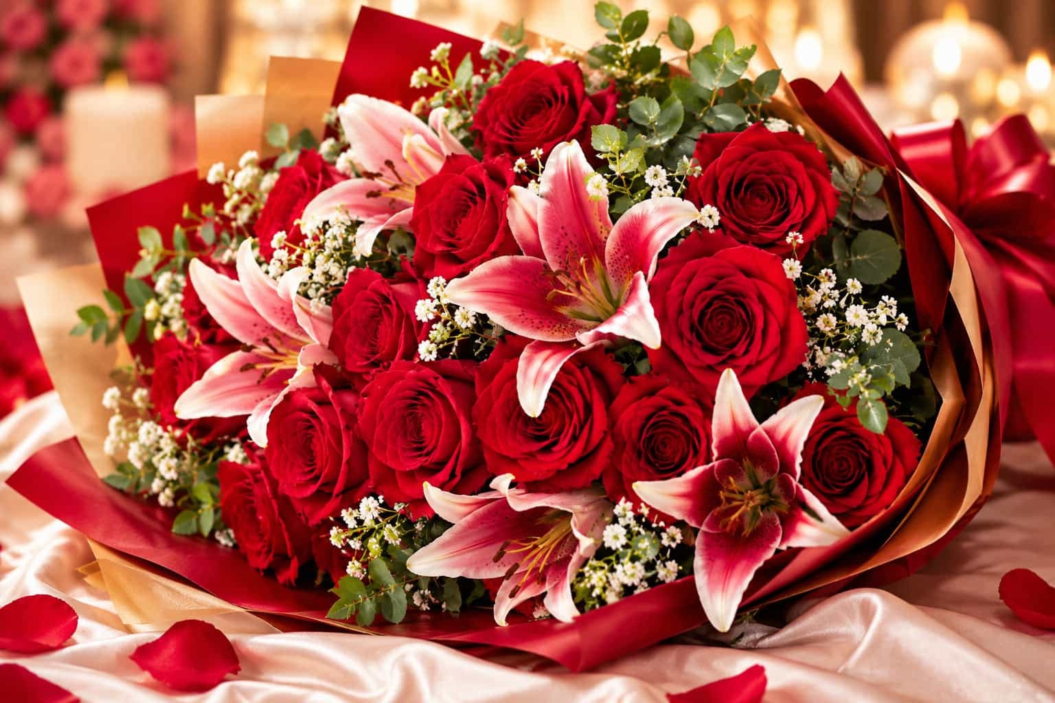A bouquet of red roses and lilies