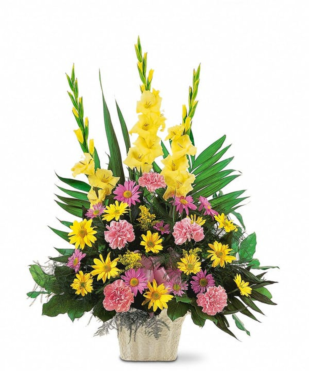 Sympathy bouquet featuring yellow gladiolus, pink carnations, and yellow daisies with green foliage.