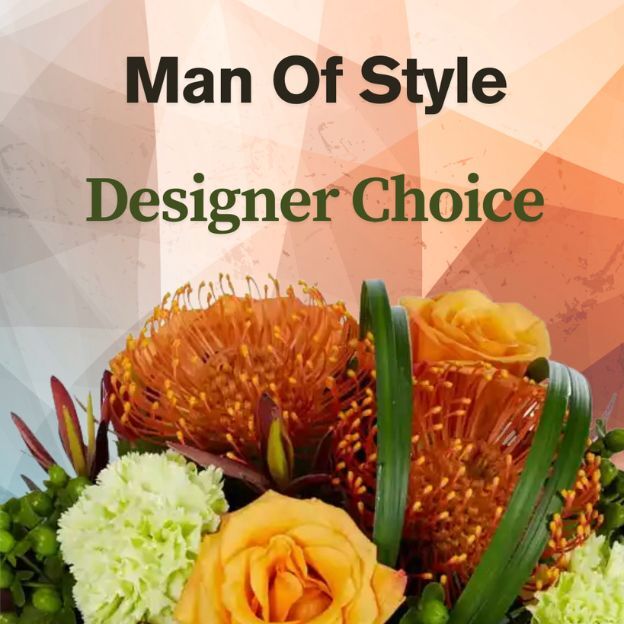 Banner with “Man Of Style Designer Choice” text over a warm geometric background and a mixed bouquet of roses and orange blooms.