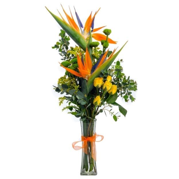 Tall clear vase with bird-of-paradise, yellow roses, green poms, eucalyptus, tied with an orange bow.