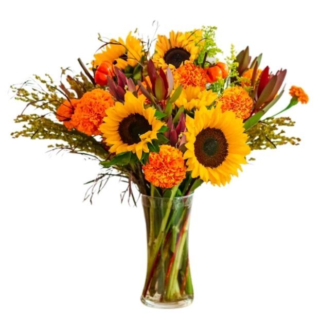Tall clear vase with bright sunflowers, orange ruffled blooms, burgundy accents, and airy greenery in a fall bouquet.